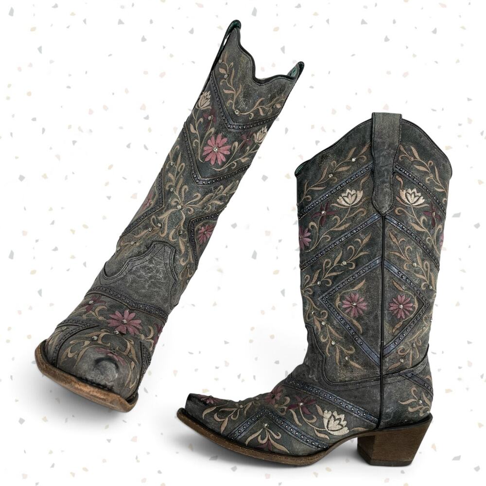 Corral Western Cowboy Boots Gray Floral Gems Embroidered Country Concert Size 9